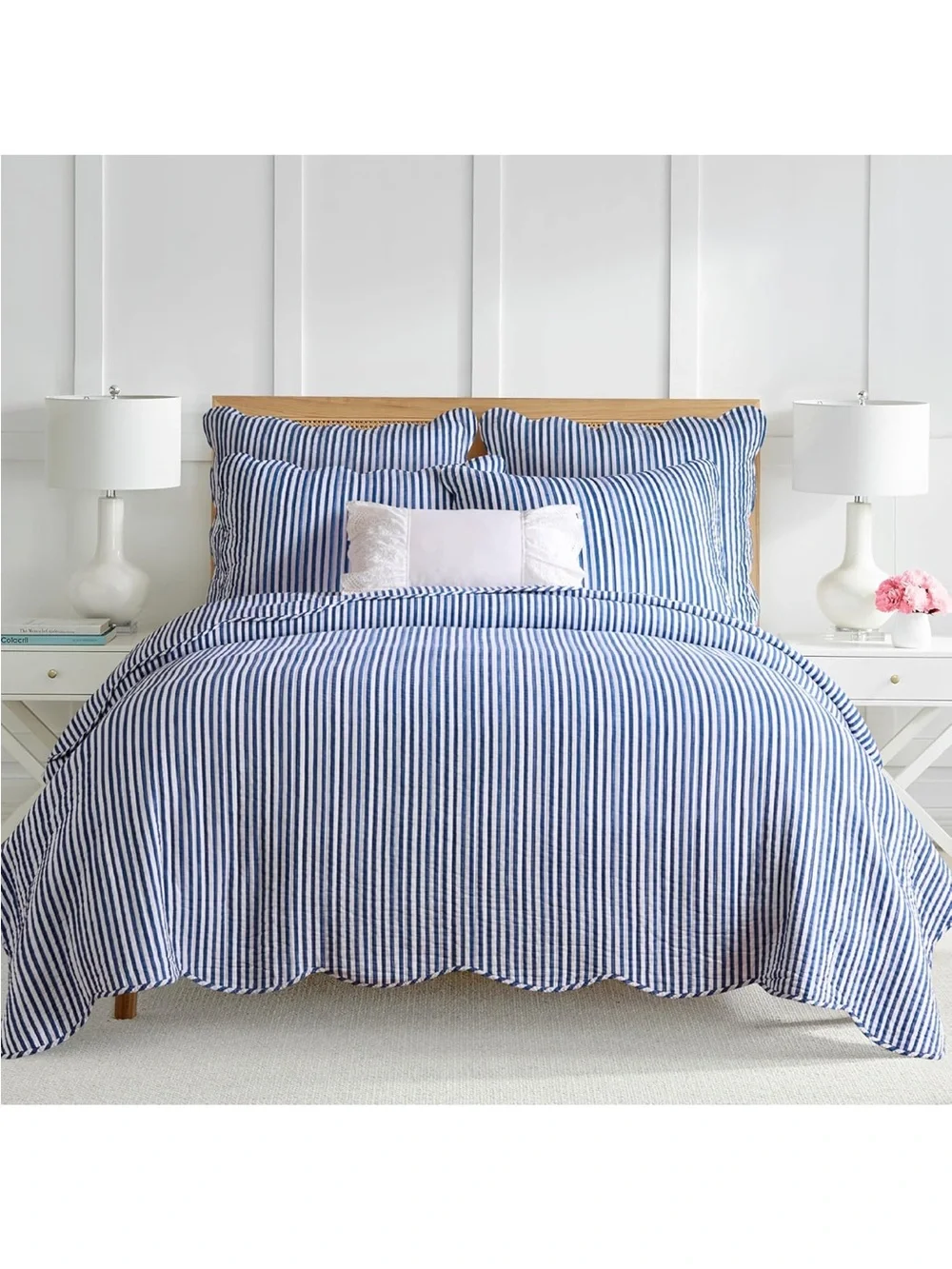 🆕 PB Style Navy Blue White Striped Cotton Quilt Coverlet Scalloped Trim Set NWT